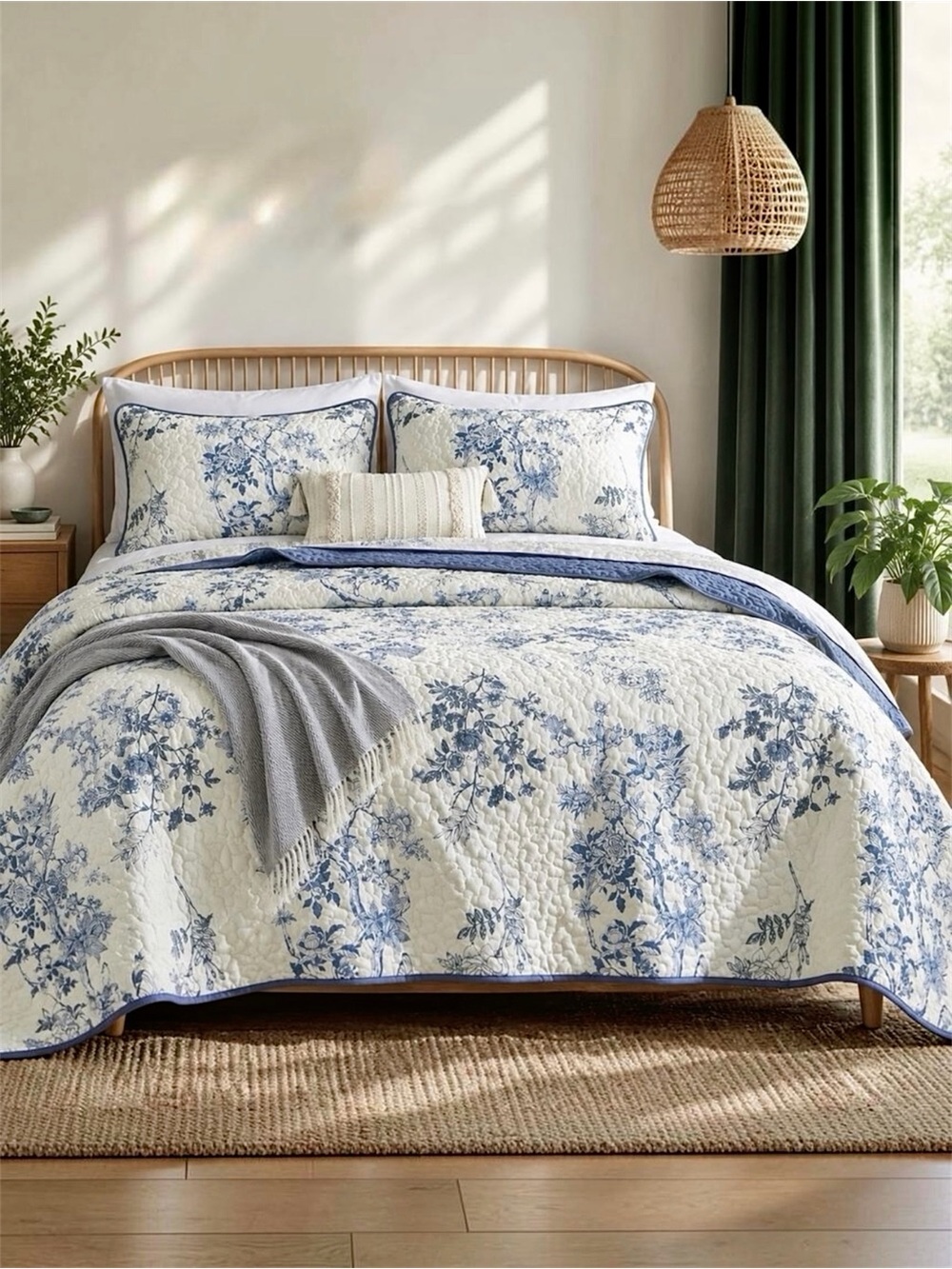 NEW Anthropologie Blue & White Vintage Floral Quilt Coverlet Bedding Sham & Set